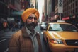 Sikh adult taxi driver city street. Cheerful turban person city trip. Generate AI