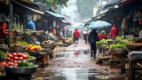 Fototapeta  - outdoor market in Vietnam on a rainy day