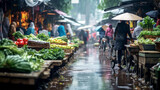 Fototapeta  - outdoor market in Vietnam on a rainy day