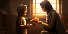 Muslim Mom Receiving A Gift From Her Son