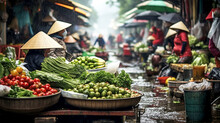 Outdoor Market In Vietnam On A Rainy Day