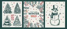 Christmas Set In Sketch Style, Winter Sale. Hand Drawn Illustration.	

