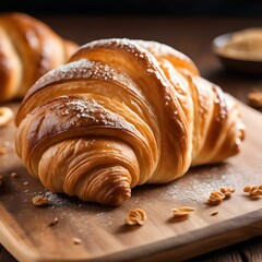 Poster - AI illustration of a freshly-baked croissant on a wooden plate.