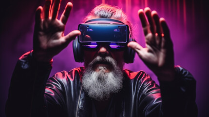 old man in a virtual reality headset . against the background of a virtual screen. colored neon light. copy space