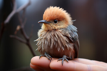 Poster - A tiny newly hatched bird with downy feathers still clinging to its body.  