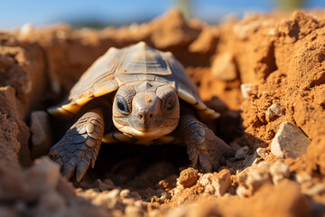 Poster - A baby tortoise pushing through the sand as it hatches from its egg. 