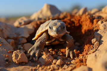 Fototapete - A baby tortoise pushing through the sand as it hatches from its egg. 