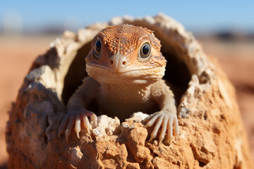 Poster - A baby lizard emerging from its egg on a warm rock in the desert.