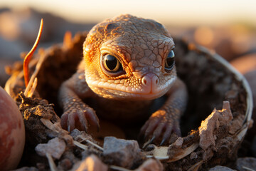 Poster - A baby lizard emerging from its egg on a warm rock in the desert. 