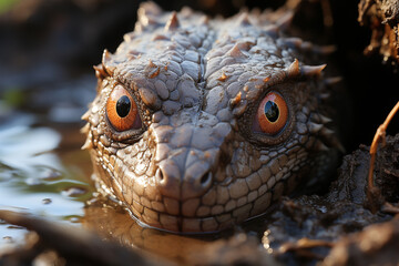 Poster - A young alligator hatchling coming out of its egg in a marshy habitat.  