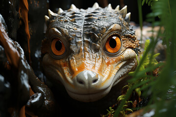 Poster - A baby crocodile breaking free from its eggshell in a swampy area. 
