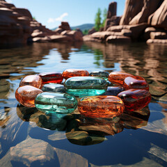 Aufkleber - A composition of smooth stones placed in a circular arrangement on the water, generating interlocking rings of ripples. 