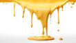 yellow melted cheese dripping on white background, design elements for pizza, sandwiches or pasta