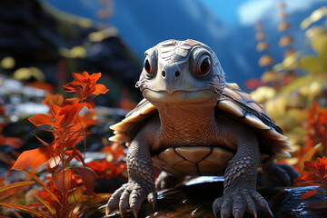 Fototapete - A hatchling breaking free against a vibrant and picturesque background, blending the marvel of life with the beauty of its surroundings. 