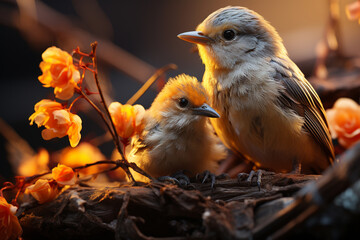 Poster - A touching scene of a parent bird looking on as its hatchling emerges, showcasing the bond between generations.  