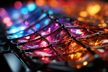 Aufkleber - A spider web captured at a precise angle, revealing a spectrum of colors due to light diffraction. 