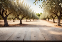 Wooden Empty Table Top, Green Olive Garden Trees