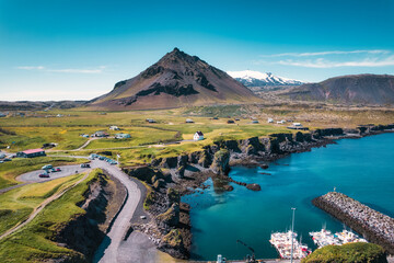 Poster - Arnarstapi fishing village with nordic house and stapafell mountain on coastline in Snaefellsnes peninsula at Iceland