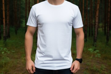 Wall Mural - White blank t shirt mock up. Men forest background