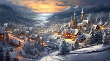 A Snowy Landscape With A Small Village And Twinkling Christmas Lights.