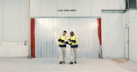 Aufkleber - Engineering, tablet and communication in warehouse for teamwork, collaboration on construction floor plan. Diversity, professional men or people for building design, factory and project management