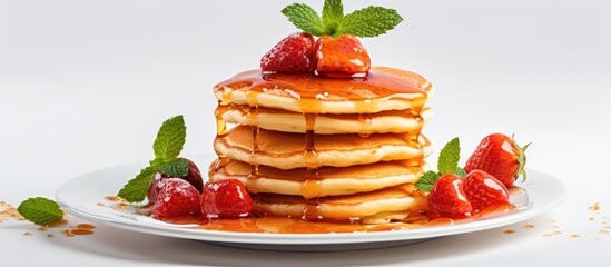 Poster - Pancakes with jam strawberries mint tea juice orange strawberry white background natural light