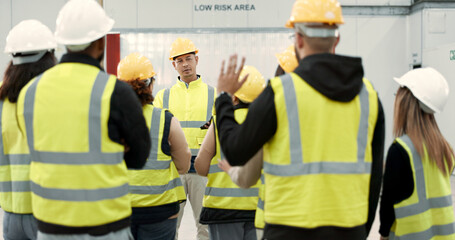 Poster - Construction site, meeting and people in discussion for planning, maintenance and renovation in building. Architecture, engineering and men and women for inspection, property development and project