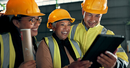 Poster - Architect, tablet or happy people, warehouse group or teamwork on online design, maintenance report or engineering. Industrial engineer reading factory, architecture or renovation development project