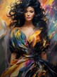 Beautiful supermodel in an abstract, designer dress on an abstract colorful background, close-up