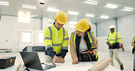 Poster - Engineering people, blueprint and technology for construction site planning and building design in warehouse. Industrial worker and manager with tablet, laptop or teamwork for architecture floor plan