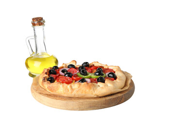 Wall Mural - PNG, Vegetable galette on wooden stand and bottle of oil, isolated on white background