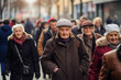 elderly man and women pensioners walking the street. Increase in the proportion of older people.