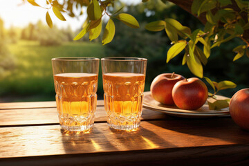 Wall Mural - apple juice or cider in two glasses with fruits on table in garden