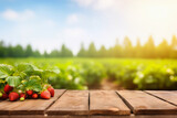 Fototapeta Natura - red strawberries on table and blurred green field on the background