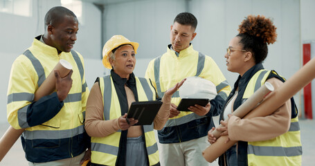 Poster - Engineering meeting, teamwork and people on tablet for blueprint, construction and building design or planning. Industry manager with digital floor plan, project management and warehouse architecture
