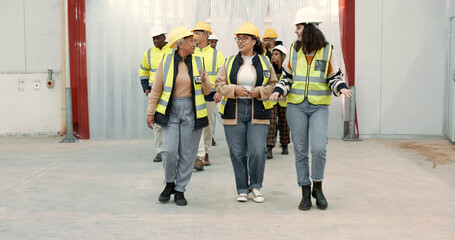 Poster - Engineering group, manager walking and warehouse inspection, teamwork and talking of project management. Industrial people, leader or women with discussion for architecture or construction building