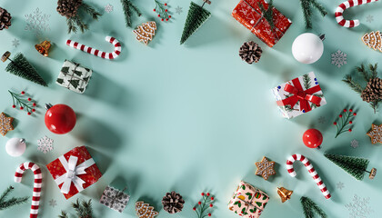 Wall Mural - christmas decoration with gift box and empty mockup space on turquoise blue background. 3d rendering