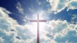 Christian cross on the background of the sky with clouds, Holy easter. Christian symbol of faith, 3D illustration, Generative AI