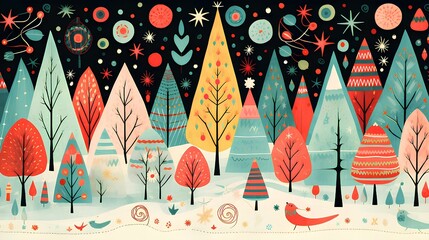 Wall Mural - Christmas illustration, winter night forest with colorful trees and nature.