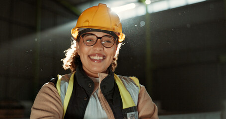 Happy woman, portrait and professional engineer in warehouse for maintenance or construction. Face of female person, architect or contractor smile in safety helmet for industrial building management