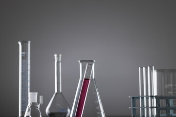 Poster - Close up of laboratory dishes and copy space on grey background
