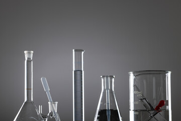 Poster - Close up of laboratory dishes and copy space on grey background