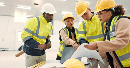 Poster - Engineering, people planning and teamwork with blueprint, construction site and building design in warehouse. Industrial group talking of floor plan, project management and architecture documents