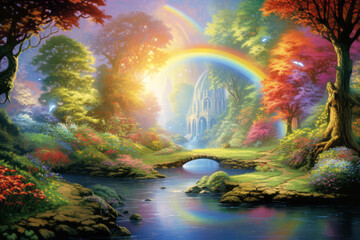 Wall Mural - the concept of ``garden of eden'' that appears in the old testament ``genesis''. a rainbow in the sk
