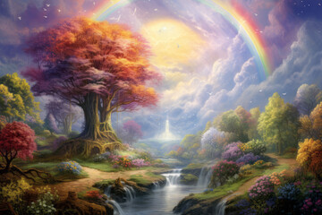 Wall Mural - the concept of ``garden of eden'' that appears in the old testament ``genesis''. a rainbow in the sk