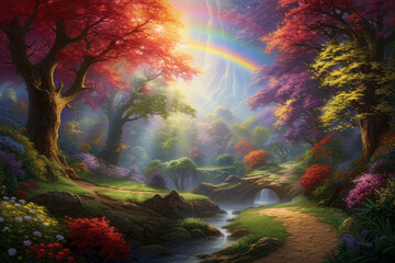 Wall Mural - the concept of ``garden of eden'' that appears in the old testament ``genesis''. a rainbow in the sk