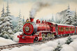 An old red steam locomotive travels through a beautiful snowy forest. Watercolour Christmas card for your greetings.