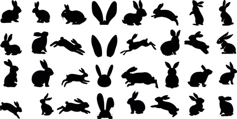 Wall Mural - Rabbit silhouettes vector illustration, perfect for Easter, spring celebrations. Features adorable, fluffy bunnies in various poses - hopping, sitting, standing. Ideal for nature, wildlife themes