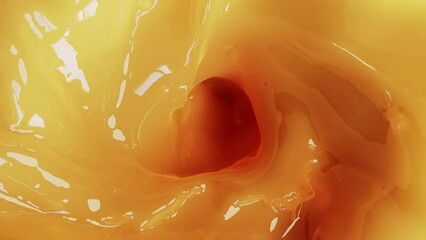Fototapete - Abstraction of a fast swirling whirlpool of bright orange liquid with a glare of reflections on its surface, view from above. Abstract motion design on a glowing background