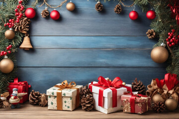 gift boxes and christmas decoration on wood background